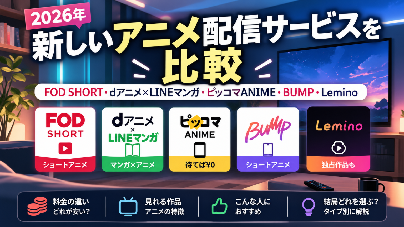 Prime Line Folder 新しいアニメ配信サービスを比較【2026】FOD SHORT・dアニメ×LINEマンガ・ピッコマANIME・BUMP・Lemino | 男の園ブログ